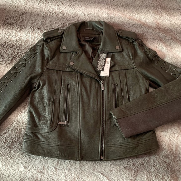 BCBG Max Azria Isa Olive Green Leather Jacket L - Picture 4 of 7